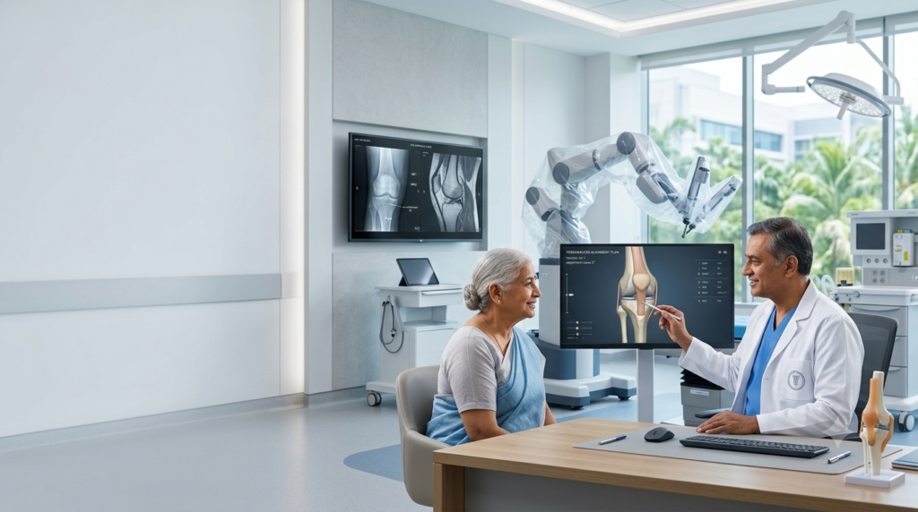 Dr. Abhinandan Punit consulting a patient about robotic knee replacement surgery at Elite Orthocare, Bangalore, using advanced robotic technology for personalized joint care.