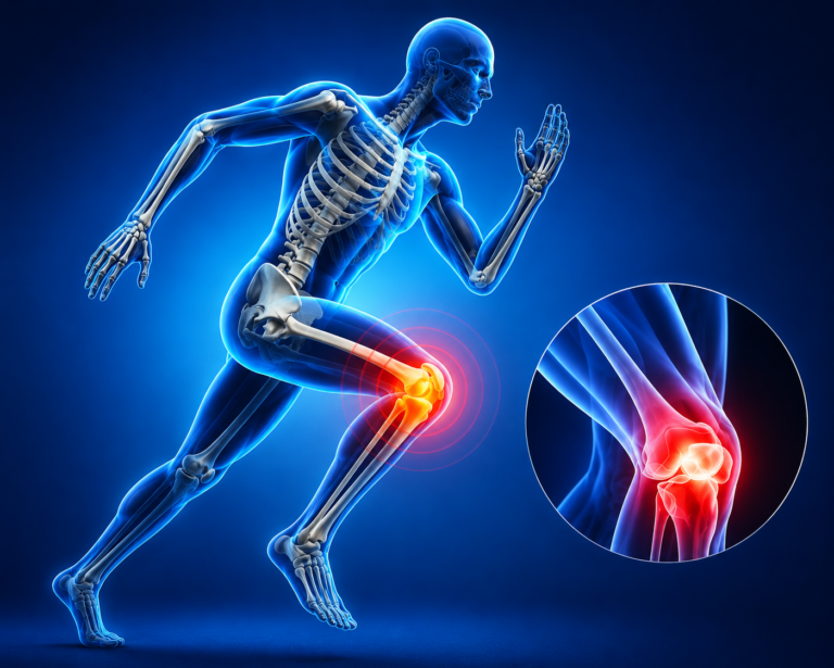 Sports injury treatment for knee ligament pain in 3D illustration.
