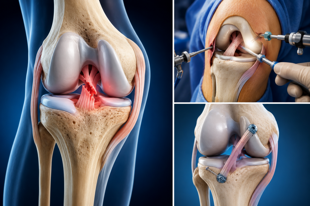 3D illustration of knee ligament injury treatment showing detailed knee joint anatomy, damaged ligaments, orthopedic rehabilitation concept, and advanced medical visualization for knee pain recovery.