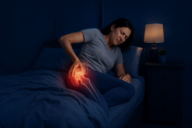 Hip pain at night causing sleep disturbance as a woman holds her painful hip in bed.