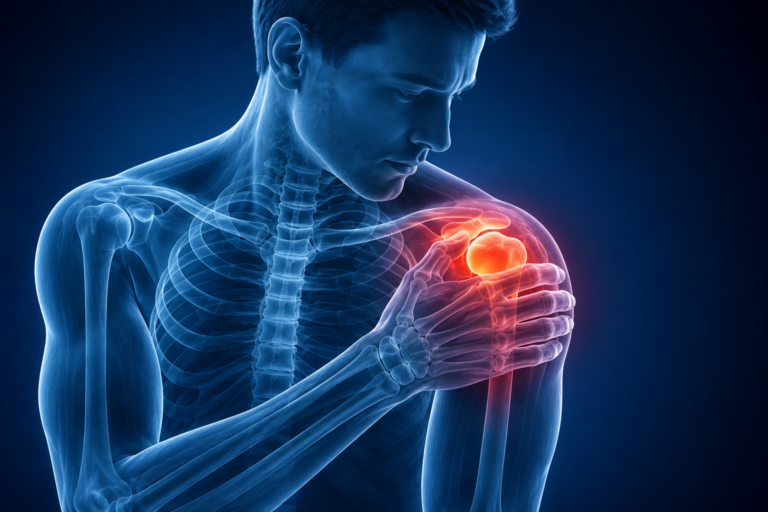 Shoulder pain illustration showing inflamed shoulder joint and rotator cuff area
