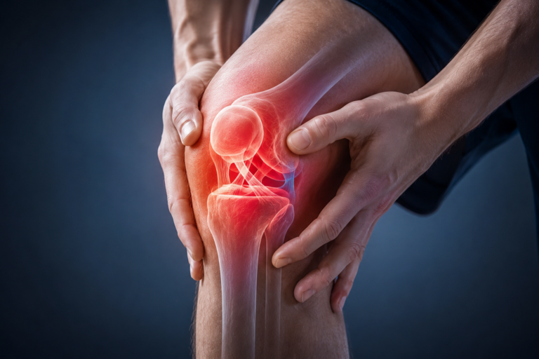 Knee ligament rupture showing pain, inflammation, and ligament injury inside the knee joint