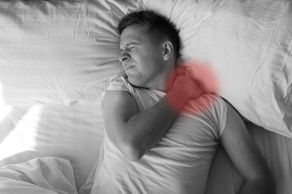 Shoulder pain while sleeping on side causing nighttime shoulder discomfort and stiffness