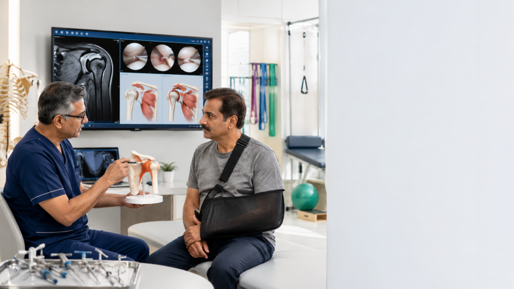 Orthopedic surgeon explaining arthroscopic rotator cuff repair to a patient using a shoulder model and MRI scan.