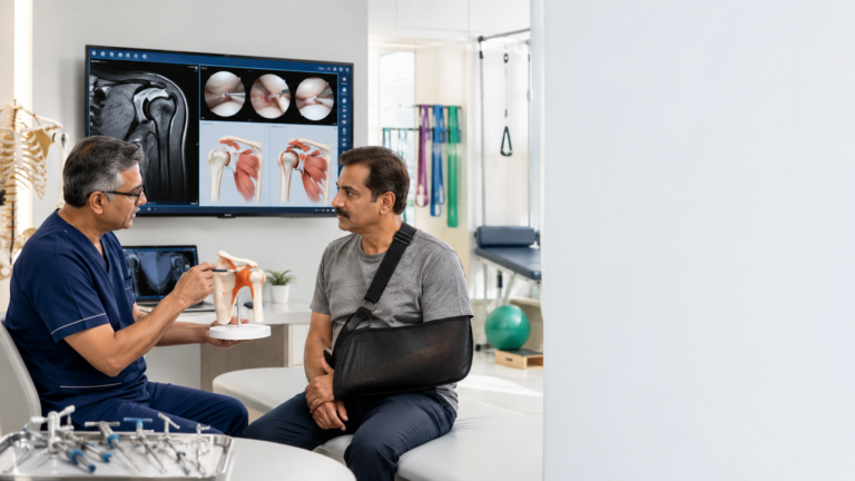 Orthopedic surgeon explaining arthroscopic rotator cuff repair to a patient using a shoulder model and MRI scan.