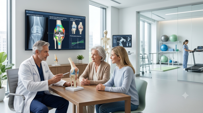 Orthopedic knee replacement surgeon discussing a personalized robotic knee replacement treatment plan with a patient using a 3D knee model and digital imaging in Bangalore.