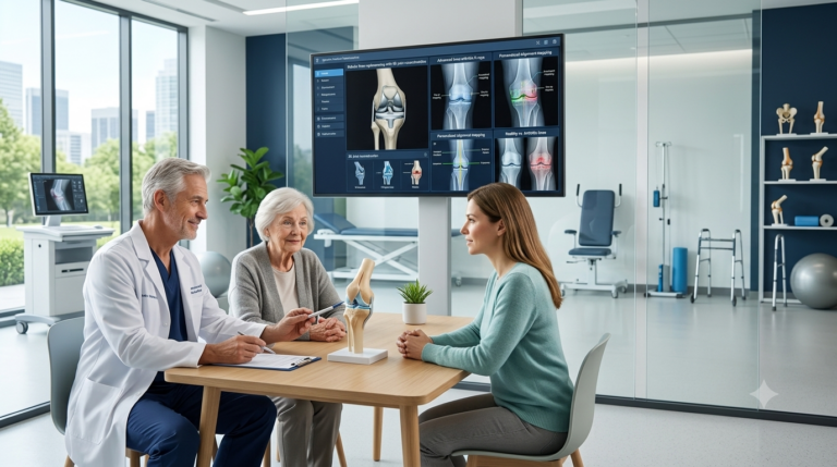 Orthopedic knee replacement surgeon discussing a personalized robotic knee replacement treatment plan with a patient using a 3D knee model and digital imaging in Bangalore.