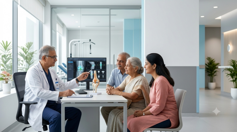 Orthopedic knee replacement surgeon discussing a personalized treatment plan with a patient in Bangalore using digital imaging and a 3D knee model.