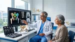 Orthopedic surgeon planning complex revision hip replacement surgery with a patient in Bangalore.
