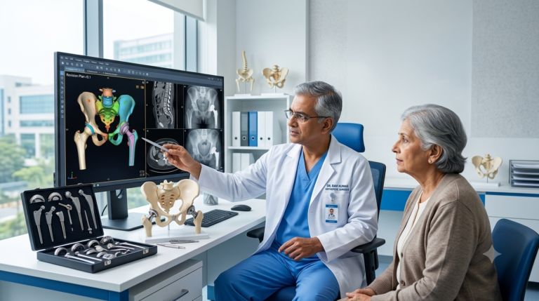 Orthopedic surgeon planning complex revision hip replacement surgery with a patient in Bangalore.