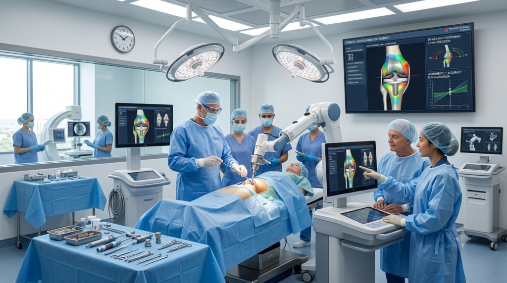 An orthopedic surgical team in a sterile operating room performing robotic-assisted knee replacement surgery using a MAKO smart robotics system, with multiple medical monitors displaying detailed 3D joint models and pre-operative plans, in a clean, brightly lit modern hospital.