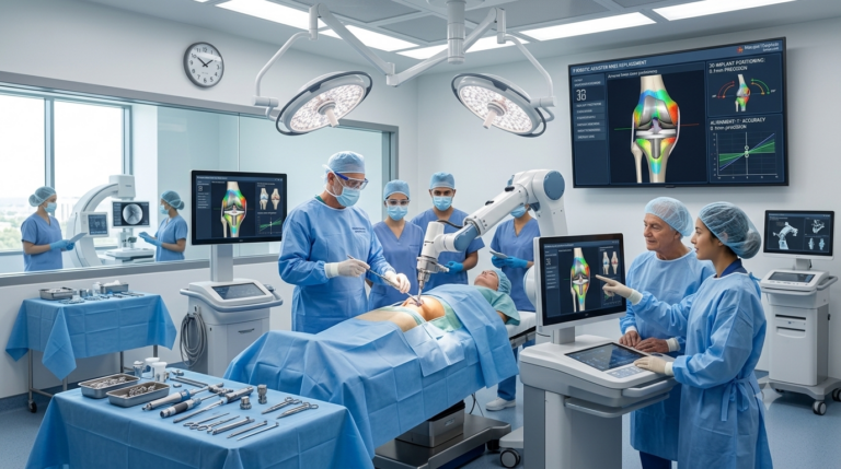 An orthopedic surgical team in a sterile operating room performing robotic-assisted knee replacement surgery using a MAKO smart robotics system, with multiple medical monitors displaying detailed 3D joint models and pre-operative plans, in a clean, brightly lit modern hospital.