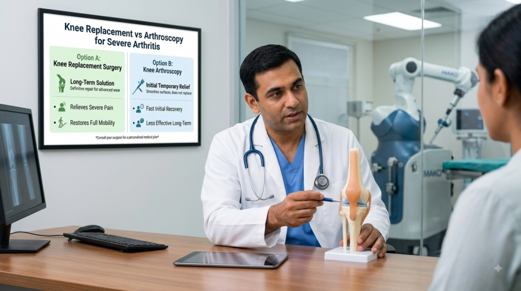 robotic knee replacement, knee arthroscopy vs knee replacement, orthopedic consultation, MAKO surgical robot, knee arthritis treatment, joint pain options, orthopedic surgeon, medical technology