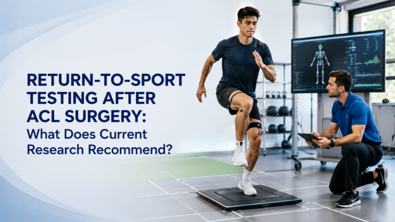 Athlete performing single-leg return-to-sport testing after ACL surgery under physiotherapist supervision.
