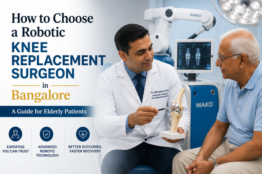 Orthopedic surgeon consulting an elderly patient about robotic knee replacement surgery in Bangalore