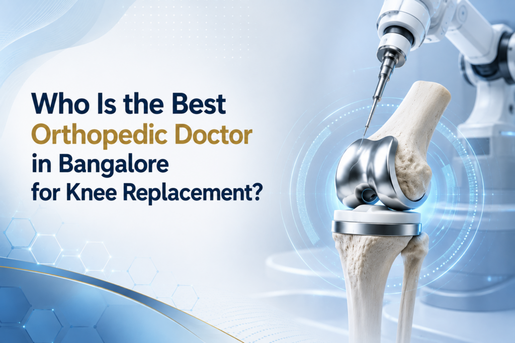 3D illustration of a robotic knee replacement implant with a robotic surgical arm representing advanced knee replacement surgery in Bangalore
