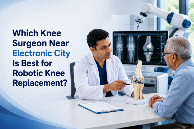 Orthopedic knee surgeon consulting a patient about robotic knee replacement near Electronic City, Bangalore using advanced 3D knee implant planning.