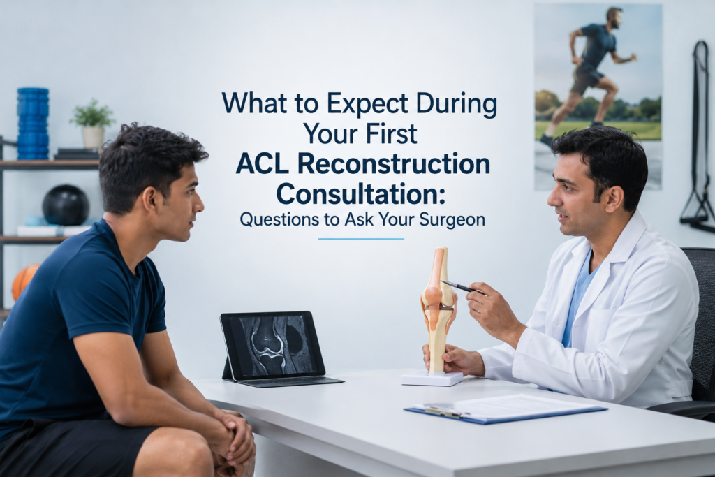 First ACL reconstruction consultation with an orthopedic surgeon explaining knee anatomy and MRI findings while discussing important questions before ACL surgery.
