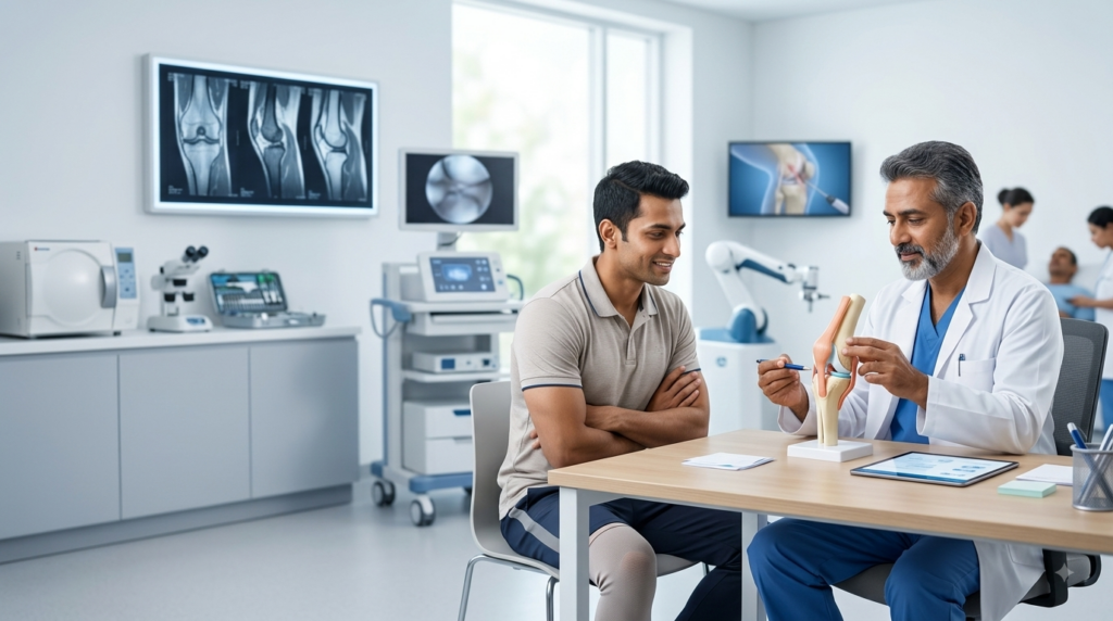 An Indian orthopedic surgeon explaining a 3D knee joint model to a young patient during an ACL surgery consultation in a modern medical clinic in Bangalore. Target Keywords ACL surgery centers Bangalore Minimally invasive ACL reconstruction Best ACL surgeon in Bangalore Orthopedic knee consultation Bangalore ACL tear treatment options