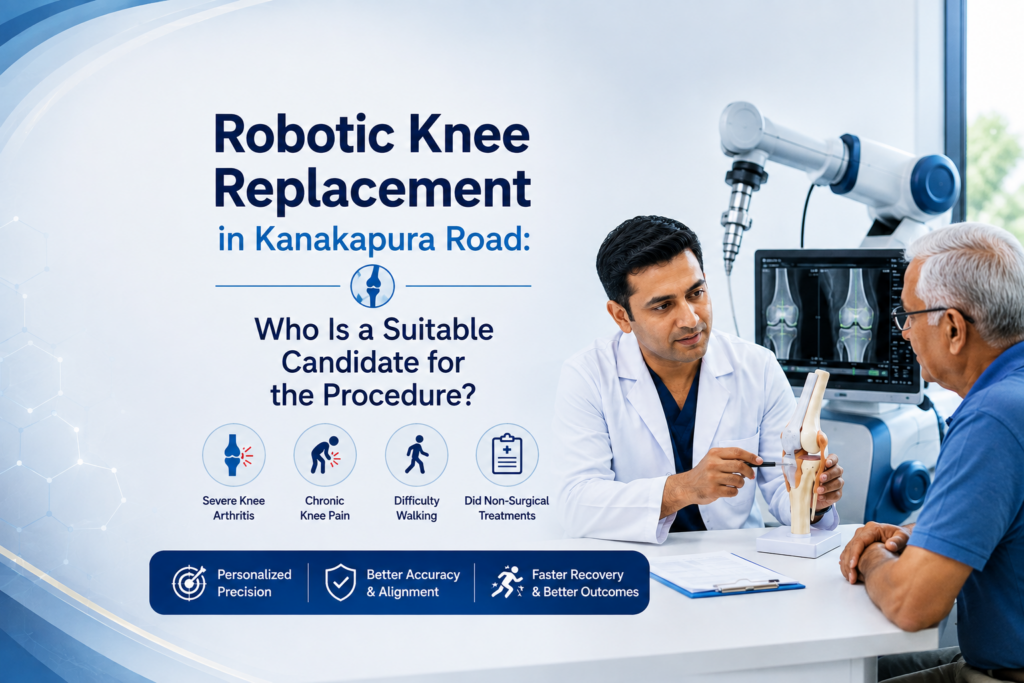 Orthopedic surgeon explaining robotic knee replacement eligibility to a patient during a consultation near Kanakapura Road, Bangalore.