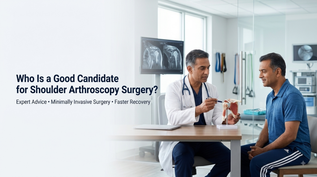 Orthopedic surgeon explaining shoulder arthroscopy surgery to a patient during a consultation in Bangalore