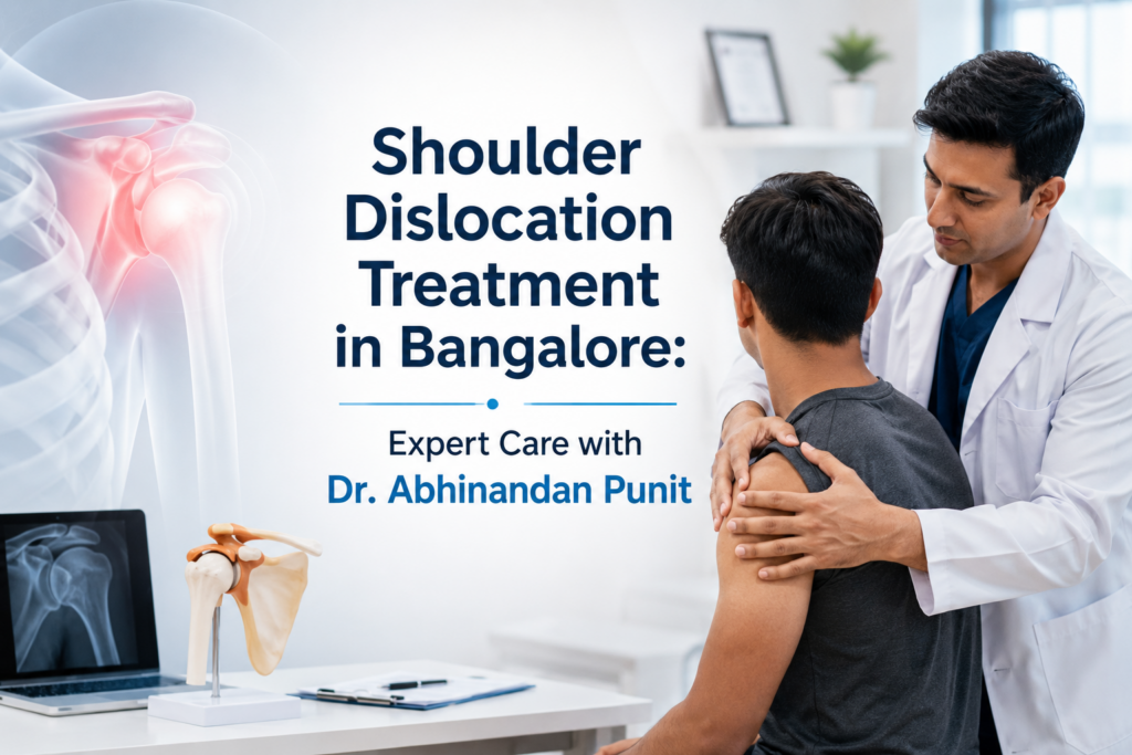 Orthopedic shoulder specialist examining a patient with a shoulder dislocation during a consultation for shoulder dislocation treatment in Bangalore.