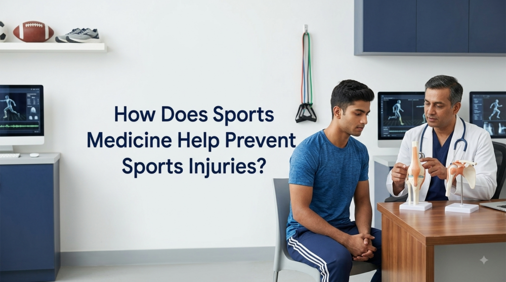 An Indian sports medicine doctor in a white coat sits at a desk and uses anatomical knee and shoulder models to explain injury prevention to a young male athlete in a modern clinic.