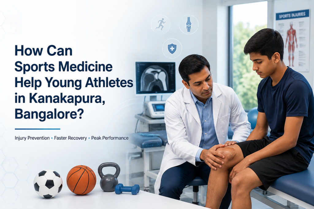Sports medicine specialist examining a young athlete's knee during a consultation in Kanakapura, Bangalore