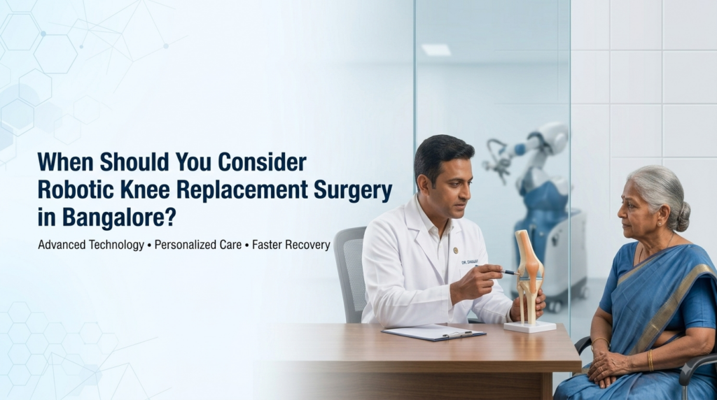 An Indian orthopedic surgeon holding a knee model while consulting with an elderly patient in a modern Bangalore clinic, with a robotic surgical arm in the background and banner text titled "When Should You Consider Robotic Knee Replacement Surgery in Bangalore?" Keywords Robotic knee replacement Bangalore Orthopedic consultation Bangalore Knee replacement candidate signs Advanced robotic joint surgery Best knee replacement surgeon Bangalore