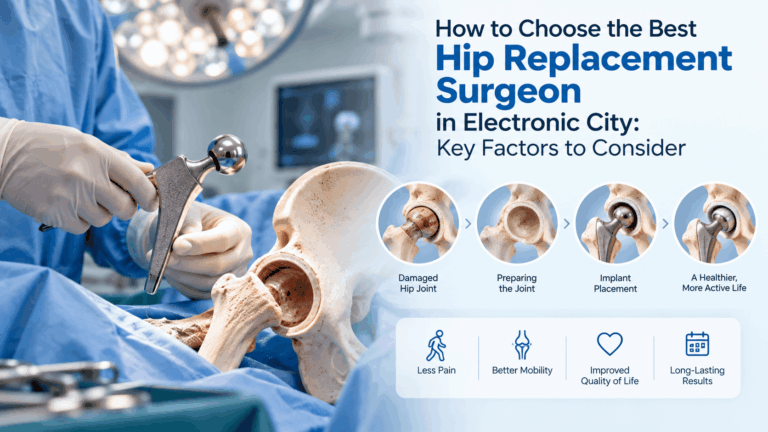 Hip replacement surgery procedure with implant placement.