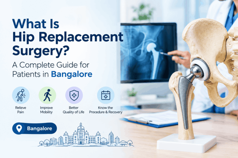 Hip replacement surgery guide with a hip implant model and medical consultation imagery.