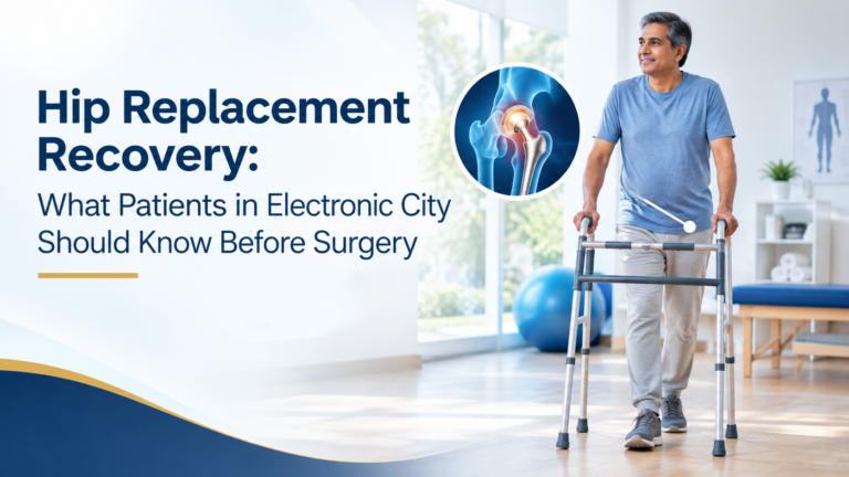 hip replacement recovery, hip replacement in Electronic City, hip replacement surgery in Bangalore, hip replacement rehabilitation, recovery after hip replacement, walking after hip replacement, hip replacement physiotherapy, hip replacement recovery time, hip replacement preparation, hip replacement surgeon in Bangalore, hip replacement specialist, post-operative hip care, mobility after hip surgery, hip replacement patient guide, orthopedic care in Bangalore