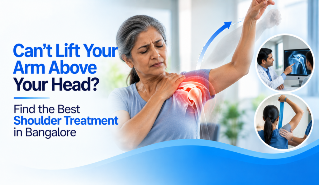 Woman holding her painful shoulder while trying to raise her arm above her head.